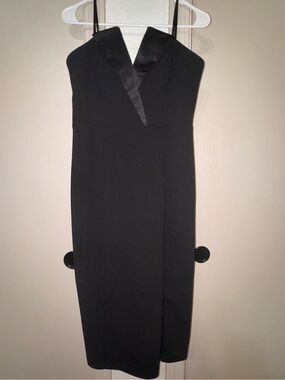 Betsy & Adam tuxedo strapless knee length dress with slit